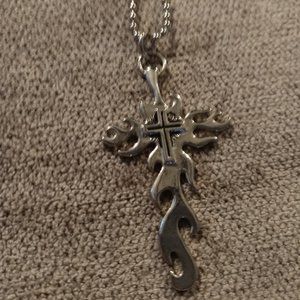 SILVER TONE CROSS WITH FLAMES NECKLACE